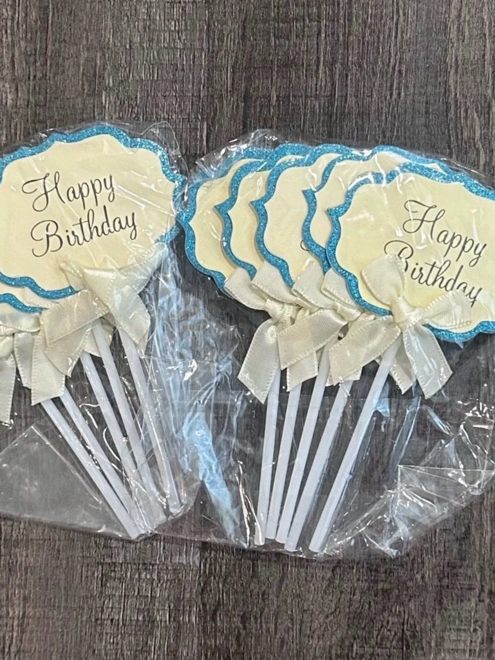 💞 New Pack of 10 Cream & Blue Glitter Happy Birthday Cupcake & Cake Toppers